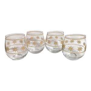 Vintage Mid Century Stemless 16oz Wine Glasses Gold Poinsettia Set Of 4 Holiday